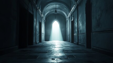 Soft light spills through an arched doorway brightening the dim corridor