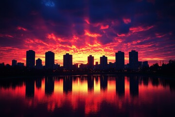 Obraz premium Cityscape at sunset with skyline silhouettes, colorful sky, and reflections on calm water