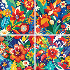 Set Summer vibes Vibrant Floral Abstract Wallpaper background flat design vintage colors