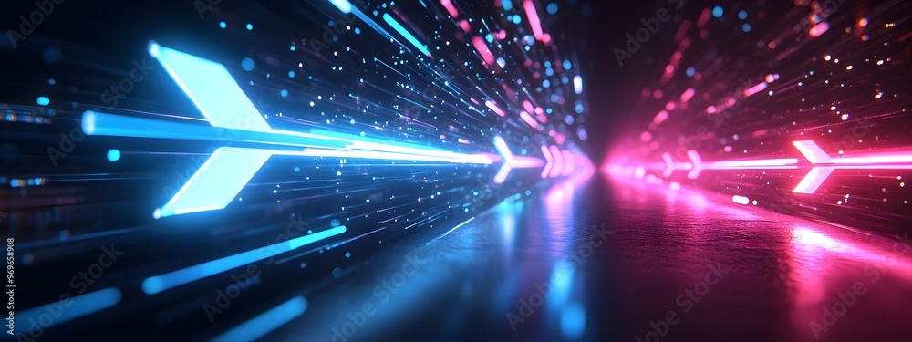 Poster mesmerizing abstract arrow speed motion light effect with blue and pink glow on dark background flui
