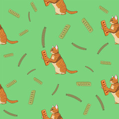 A pattern (infinite picture) of a cat meme - a red cat holding a sausage in dough. The illustration is made in pastel colors. The picture conveys a joke, humor, meme.