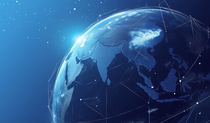 ：Illustrated Globe on Blue Background with White Lines Forming Simplified Global Network Connections. 