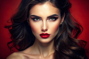 Fototapeta premium sensual glamour portrait of beautiful woman model lady with fresh daily makeup with red lips color and clean healthy skin face