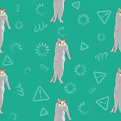 A pattern (infinite picture) of a cat meme - a white cat frozen standing on its hind legs. The illustration is made in pastel colors. The picture conveys a joke, humor, meme, surprise.