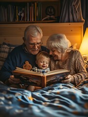 Grandparents lovingly sharing their old family photographs with their grandchild preserving the legacy and cherished memories of their family history together in a cozy intimate moment
