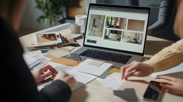 Group of interior architect designer team at table choosing various mood board samples with architecture software on laptop screen Modern renovation and interior material selection - Powered by Adobe