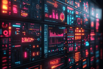 A wall of digital screens displaying colorful data graphs, charts, and futuristic interface elements in a modern control room.
