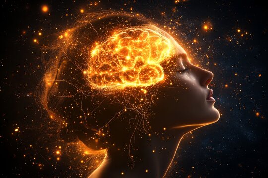 Optogenetics spatial reasoning synaptic depth connectome and neuroinformatics side profile of a glowing human brain with neural connections in a futuristic digital concept