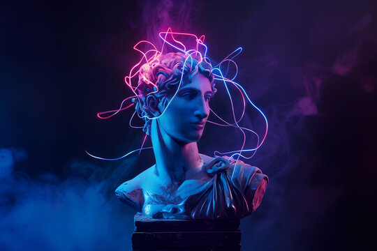 Bust of a Greek hero or god such as Apollo, without arms, placed on a pedestal in a dark room with smoke and blue & purple neon lights, adding a cyberpunk aesthetic to the classic style of the statue. - Powered by Adobe