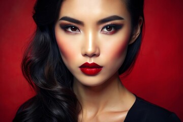 Fototapeta premium sensual glamour portrait of beautiful woman model lady with fresh daily makeup with red lips color and clean healthy skin face