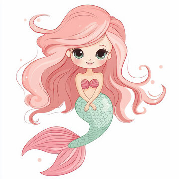 Dibujo de una bella sirena de grandes ojos negros, pelo largo y cola de color verde, sobre fondo blanco
