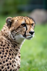 Graceful cheetah gazing thoughtfully in a lush green landscape during a sunny afternoon