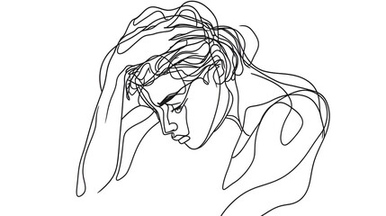 Poster encadré Intense, one-line drawing of someone suffering from bad mental health. Problems, failure, and grief concept. Lineart Modern illustration