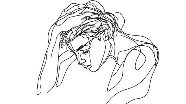 Intense, one-line drawing of someone suffering from bad mental health. Problems, failure, and grief concept. Lineart Modern illustration