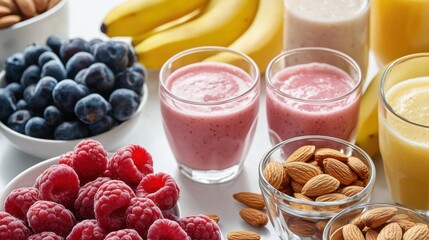 A nutritious snack table featuring almonds, fresh fruit, and smoothies, 50 keywords
