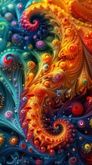 An abstract digital artwork filled with swirling, vibrant colors and intricate patterns, creating a dynamic and visually engaging composition.