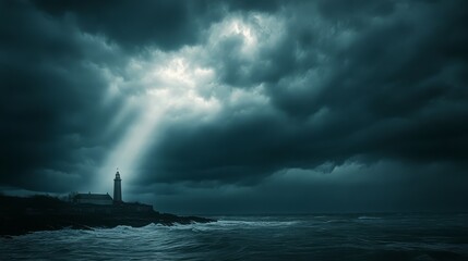 A lighthouse stands tall against storm clouds glowing over crashing waves