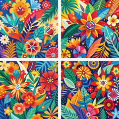 Set Summer vibes Vibrant Floral Abstract Wallpaper background flat design vintage colors