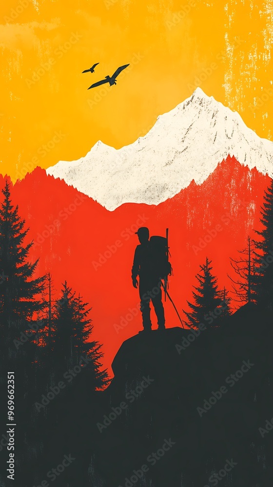 Sticker Silhouette of a Hiker Standing on a Mountain Peak at Sunset.