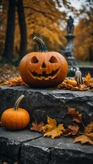 Carved pumpkin on a stone platform with two skeletons and autumn leaves.