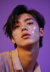 Obraz premium Dreamy portrait of young man with glittering star makeup on purple background