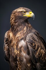 Obraz premium Majestic golden eagle perches with piercing gaze against a soft black backdrop