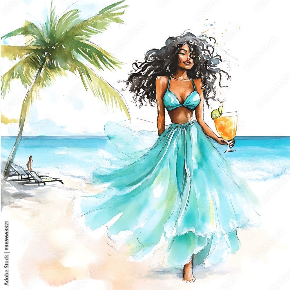 Poster Watercolor illustration of a woman in a blue dress on a beach.