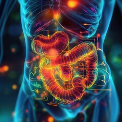 A smooth and flexible digestive system Visually demonstrates improved digestion. The digestive tract should have arrows showing how fast and efficient the process is.