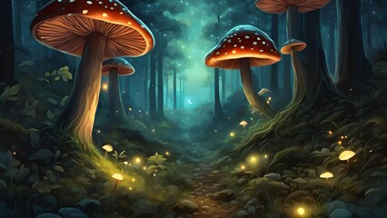 mystical forest, glowing mushrooms, fireflies, enchanted forest, magical scene, glowing mushrooms forest, mystical glow, fantasy forest, luminous mushrooms, fireflies in forest, glowing forest, 