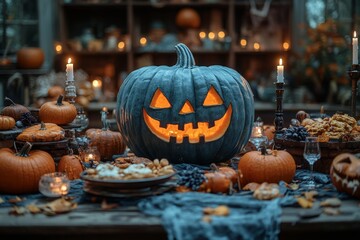 Obraz premium Carved jack-o'-lantern with candles on a table for a spooky Halloween celebration