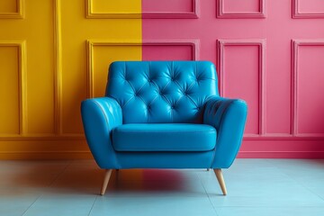 Modern blue armchair with wooden legs in a vibrant, stylish living room