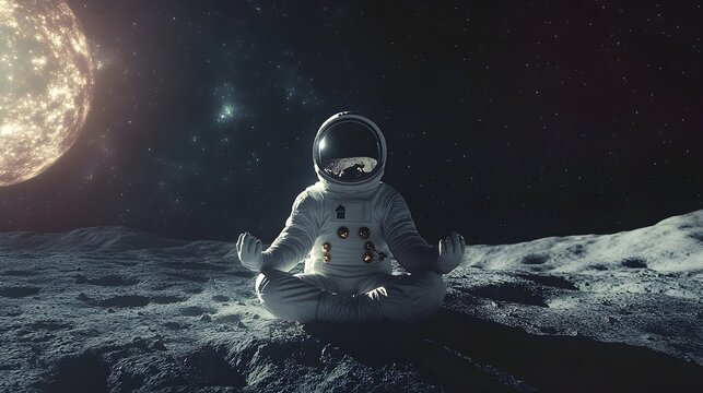 Picture of astronaut - man or woman in suit with helmet, meditating at lunar surface