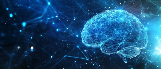 Blue Digital Brain on Abstract Background with Light Particles and Connection Lines.