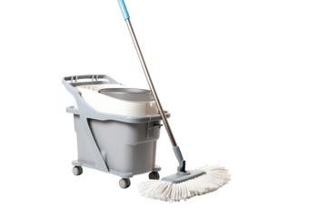 A white mop and bucket with a wringer, isolated on a white background