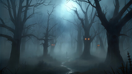 Spooky forest with mysterious trees and glowing eyes during the night