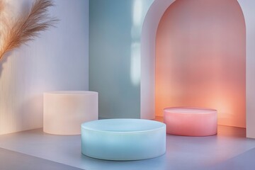 Pastel-colored round podium with soft lighting, creating a warm and welcoming atmosphere for everyday products. generative ai