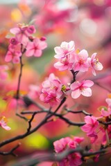 Obraz premium Blossoming cherry tree branches adorned with delicate pink flowers in a vibrant spring setting