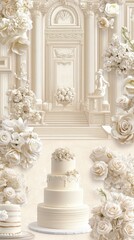 Obraz premium Scattered Polaroid photos create a nostalgic touch on the floor, while a stunning wedding cake and soft pastel pink flowers enhance the romantic atmosphere of the venue