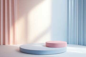 Pastel-colored round podium with soft lighting, creating a warm and welcoming atmosphere for everyday products. generative ai
