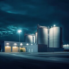 Obraz premium Industrial storage tanks illuminated at night under a dramatic sky in an urban setting