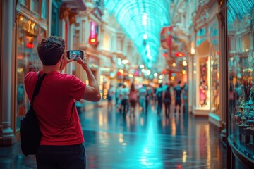 Obraz premium A group of digital influencers poses for selfies in a colorful shopping corridor filled with bright lights. The vibrant atmosphere and busy backdrop enhance their joyful experience together.