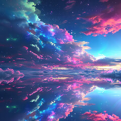 A colorful clouds are reflected in the sky