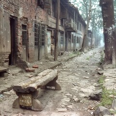 Weathered cobblestone path lined by historic buildings in a quiet village on a misty morning