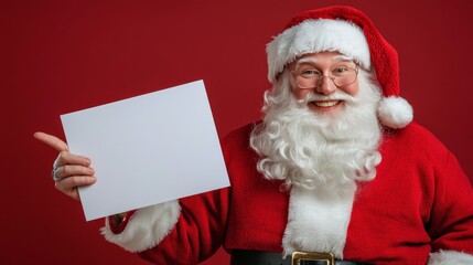 Naklejka premium Joyful Santa Claus Presenting Blank Red Sign Under Snowfall