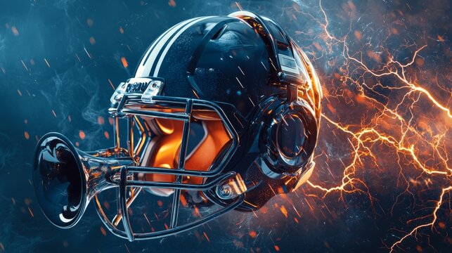 Football helmet in a thunder lightning with headphones and trumpet realistic