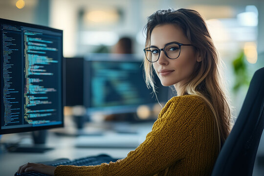 Eine Frau arbeitet an einem Computer, Programmiererin arbeitet im Home Office oder B&uuml;ro an einem Programmierungscode