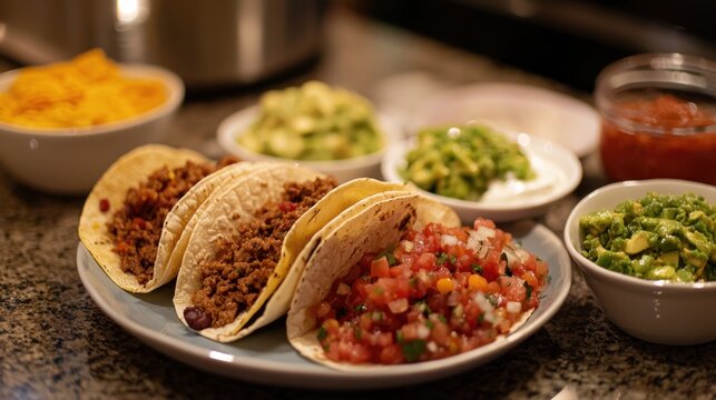 A homemade taco dinner with all the fixings, including salsa, guacamole, and sour cream, 50 keywords