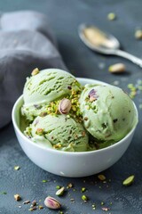 Pistachio Ice Cream in Ceramic Bowl with Spring Blossoms