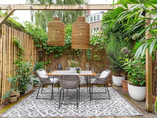 Fototapeta premium Beautiful modern garden with a wooden terrace, a table, and chairs on the deck. A gray patterned area rug is in front of it. A small gazebo with hanging plants and a wooden fence