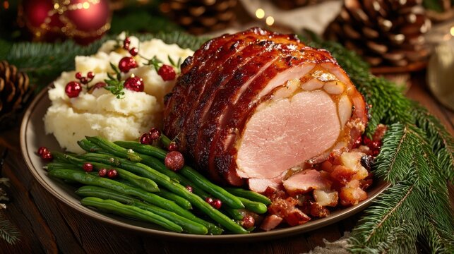 A traditional Christmas dinner with a roast ham, mashed potatoes, and green beans, all served with festive decorations, 50 keywords